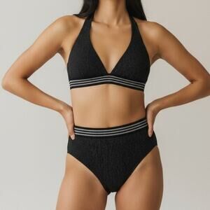 Cupshe Black Metallic Stripe Halter Bikini Set – Size Large - NEW BLACK & SILVER